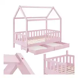 Netto Marken-Discount Juskys Kinderbett Marli 80 x 160 cm mit Bettkasten, Gitter, Lattenrost & Dach - Holz Hausbett Rosa Angebot