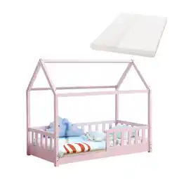 Netto Marken-Discount Juskys Kinderbett Marli 80 x 160 cm mit Matratze, Gitter, Lattenrost & Dach - Bett Rosa Angebot