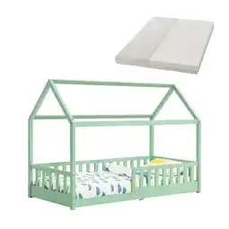 Netto Marken-Discount Juskys Kinderbett Marli 90 x 200 cm mit Matratze, Gitter, Lattenrost & Dach - Bett Mint Angebot