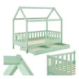 Netto Marken-Discount Juskys Kinderbett Marli 80 x 160 cm mit Bettkasten, Gitter, Lattenrost & Dach - Holz Hausbett Mint Angebot