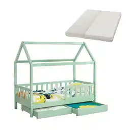 Netto Marken-Discount Juskys Kinderbett Marli 80 x 160 cm mit Matratze, Bettkasten, Gitter, Lattenrost & Dach - Bett Mint Angebot