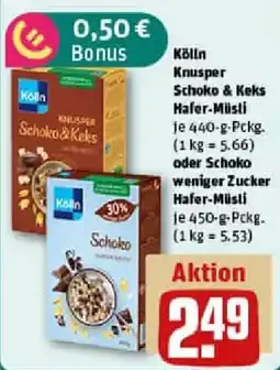 REWE Kölln Knusper Schoko & Keks Hafer Müsli oder Schoko weniger Zucker Hafer Müsli Angebot