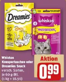 REWE Whiskas Knuspertaschen oder Dreamies Snack Angebot