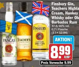 HIT Finsbury Gin, Teachers Highland Cream, Hankey Banister Whisky oder Old Pascas Barbados Rum Angebot