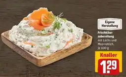 REWE Frischkäsezubereitung mit Lachs und Meerrettich, je 100 g Angebot