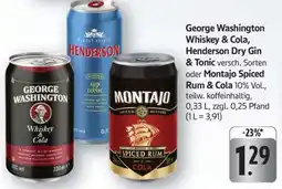 Edeka George Washington Whiskey & Cola, Henderson Dry Gin & Tonic, Montajo Spiced Rum & Cola Angebot
