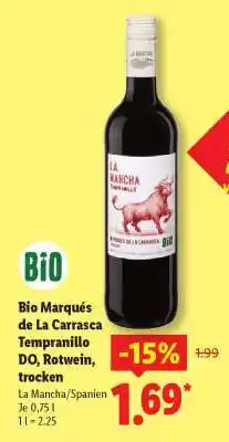 Lidl Bio Marqués de La Carrasca Tempranillo DO, Rotwein, trocken Angebot