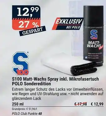 Polo S100 Matt-wachs Spray Inkl. Mikrofasertuch Polo Sonderedition Angebot