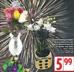 Edeka Schmetterlingsorchidee im Glückswürfel oder Bunter Rosenstrauß mit 10 Stielen und Deko Angebot