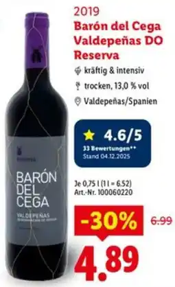 Lidl 2019 Barón del Cega Valdepeñas DO Reserva Angebot