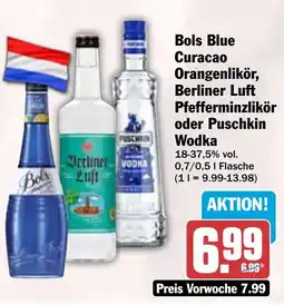 HIT Bols Blue Curacao Orangenlikör, Berliner Luft Pfefferminzlikör oder Puschkin Wodka Angebot