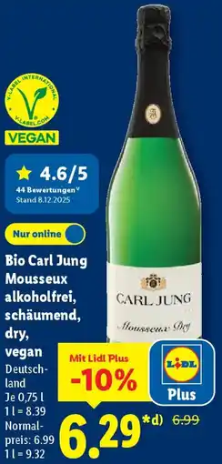 Lidl Bio Carl Jung Mousseux alkoholfrei, schäumend, dry, vegan Angebot