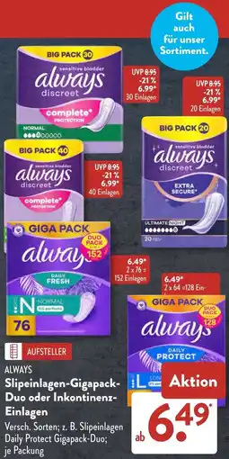 Aldi Süd ALWAYS Slipeinlagen-Gigapack- Duo oder Inkontinenz- Einlagen Angebot