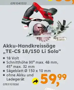 Globus Baumarkt Einhell Akku-Handkreissäge ,TE-CS 18/150 Li Solo" Angebot