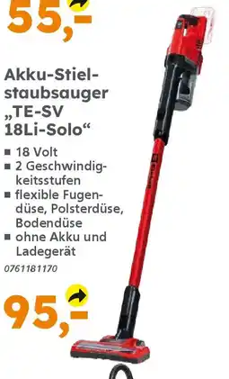 Globus Baumarkt Einhell Akku-Stiel- staubsauger ,,TE-SV 18Li-Solo" Angebot
