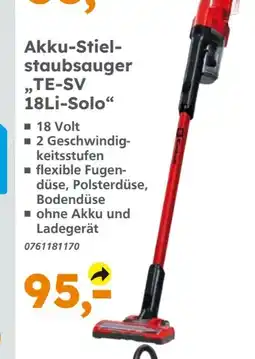 Globus Baumarkt Einhell Akku-Stielstaubsauger TE-SV 18 Li-Solo Angebot