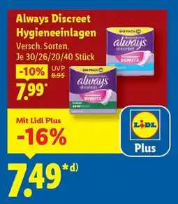 Lidl Always Discreet Hygieneeinlagen Angebot