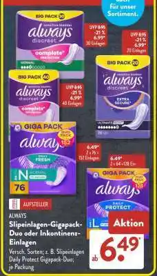 Aldi Süd ALWAYS Slips Einlagen-Gigapack-Duo oder Inkontinenz-Einlagen Angebot