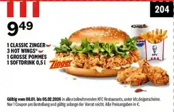 KFC 1 CLASSIC ZINGER 3 HOT WINGS 1 GROSSE POMMES 1 SOFTDRINK 0,51 Tinger Angebot