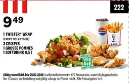 KFC 1 TWISTER WRAP (CRISPY ODER VEGGIE) 3 CRISPYS 1 GROSSE POMMES 1 SOFTDRINK 0,5l Angebot