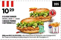 KFC 2 CLASSIC BURGER (ORIGINAL, ZINGER, VEGGIE) 1 GROSSE POMMES 1 SOFTDRINK 0,51 Angebot