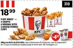 KFC 9 HOT WINGS 4 CRISPYS 6 ORIGINAL BITES 2 GROSSE POMMES 2 DIPS Angebot