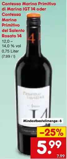 Netto Marken-Discount Contessa Marina Primitivo di Marina IGT 14 oder Contessa Marina Primitivo del Salento Rosato 14 Angebot