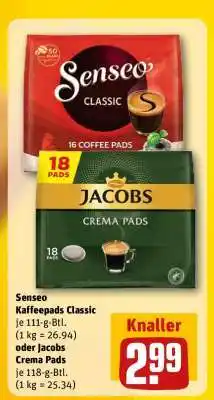 REWE Senseo Kaffeepads Classic oder Jacobs Crema Pads Angebot
