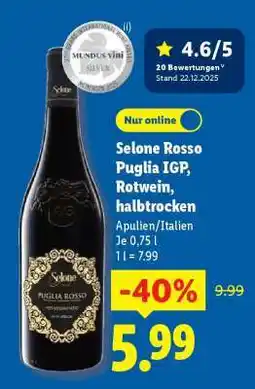 Lidl Selone Rosso Puglia IGP, Rotwein, halbtrocken Angebot