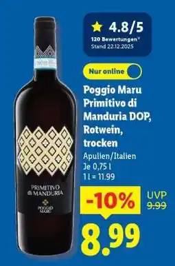 Lidl Poggio Maru Primitivo di Manduria DOP, Rotwein, trocken Angebot