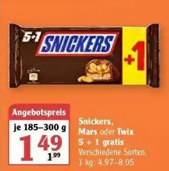 Globus Snickers, Mars Oder Twix 5+1 Gratis Angebot