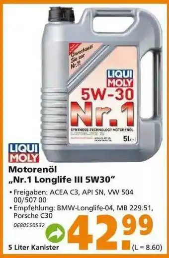 Globus Baumarkt Liqui Moly Motorenöl „nr.1 Longlife III 5w30“ Angebot