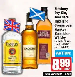 HIT Finsbury Dry Gin, Teachers Highland Cream oder Hankey Bannister Whisky Angebot