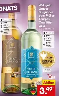 Netto Marken-Discount Weingold Grauer Burgunder oder Müller-Thurgau Qualitätswein Angebot