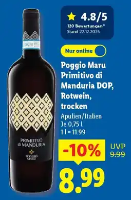 Lidl Poggio Maru Primitivo di Manduria DOP, Rotwein, trocken Angebot