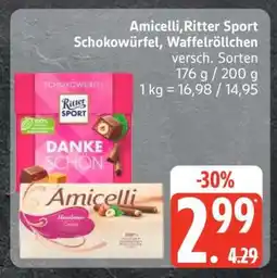 Edeka Amicelli, Ritter Sport Schokowürfel, Waffelröllchen Angebot