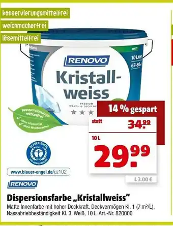 Hagebau Renovo Dispersionsfarbe Kristalweiss 10L Angebot