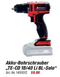 toom Baumarkt Einhell Akku-Bohrschrauber ,,TE-CD 18/40 Li BL-Solo" Angebot