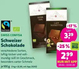 Biomarkt SWISS CONFISA Schweizer Schokolade Angebot