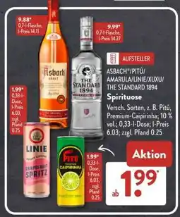 Aldi Süd ASBACH/PITÚ/AMARULA/LINIE/XUXU/THE STANDARD 1894 Spirituose Angebot