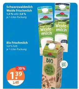 V Markt Schwarzwaldmilch weide frischmilch 1,5 %, 3,8 % oder bio frischmilch 3,8 % Angebot