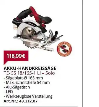 bauSpezi Akku-handkreissäge Te-cs 18-165-1 Li - Solo Angebot