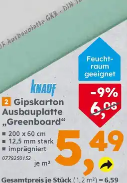 Globus Baumarkt KNAUF Gipskarton Ausbauplatte, ,,Greenboard" Angebot