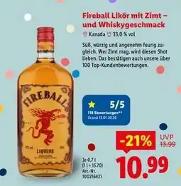 Lidl Fireball Likör mit Zimt- und Whiskygeschmack Angebot