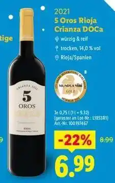 Lidl 5 Oros Rioja Crianza DOCa Angebot