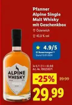Lidl Pfanner Alpine Single Malt Whisky mit Geschenkbox Angebot