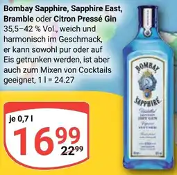 Globus Bombay Sapphire, Sapphire East, Bramble oder Citron Pressé Gin Angebot