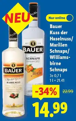 Lidl Bauer Kuss der Haselnuss/ Marillen Schnaps/ Williamsbirne Schnaps Angebot
