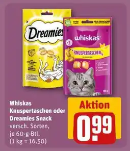 REWE Whiskas Knuspertaschen oder Dreamies Snack Angebot