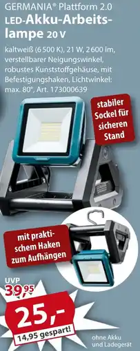 Sonderpreis Baumarkt GERMANIA Plattform 2.0 LED-Akku-Arbeitslampe 20 V Angebot